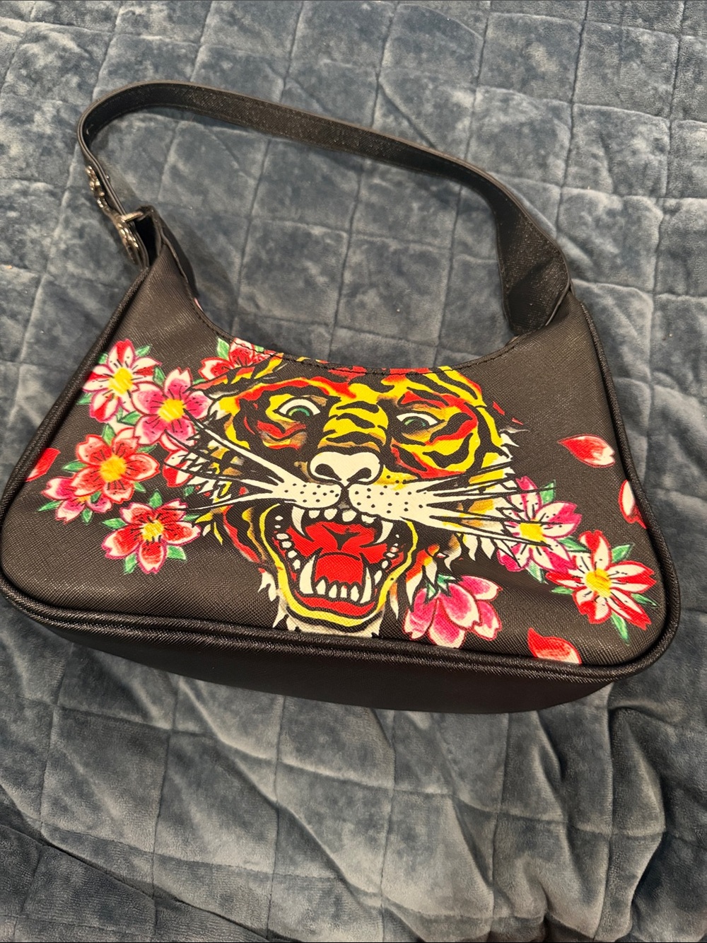 Ed Hardy Black Shoulder Bag with Tiger and Pink Floral Artwork